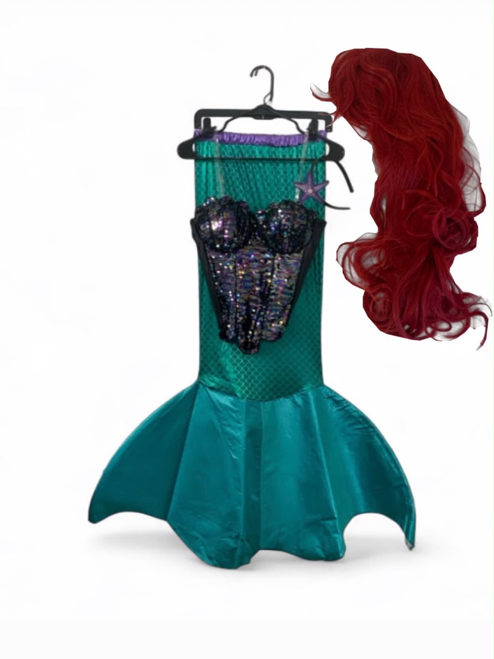 Women Teal Mermaid Costume with Sparkle Bodice and Red Wig